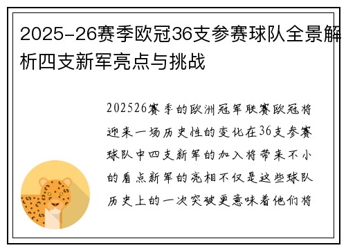 2025-26赛季欧冠36支参赛球队全景解析四支新军亮点与挑战