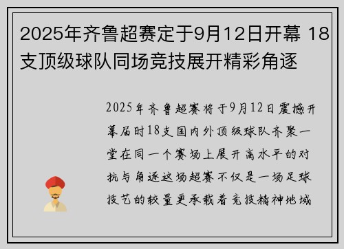 2025年齐鲁超赛定于9月12日开幕 18支顶级球队同场竞技展开精彩角逐