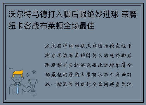 沃尔特马德打入脚后跟绝妙进球 荣膺纽卡客战布莱顿全场最佳